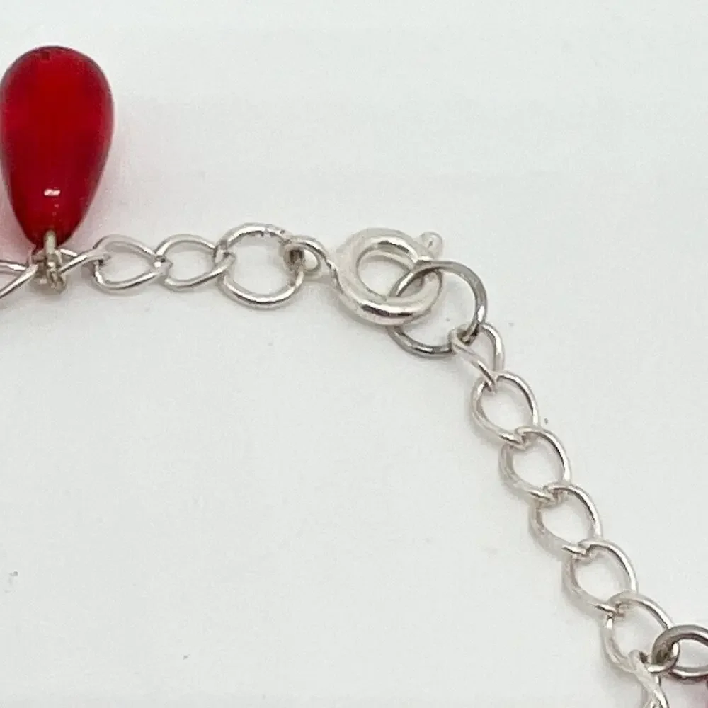 Handmade Silver Tone Chain Bracelet with Red Bead Dangles Charms Hand Crafted